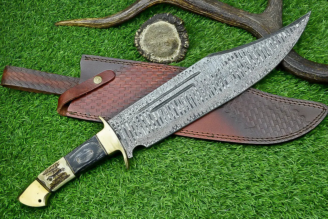 21-Inch Damascus Steel Bowie Knife with Stag Horn and Hardwood Handle SHKWORKS