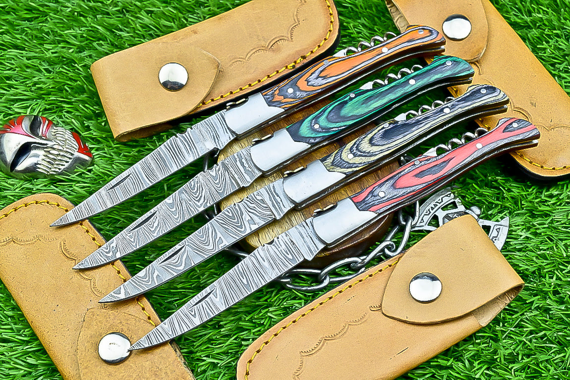 LOT OF 4 PCS! CUSTOM  Handmade Damascus Folding Pocket Knife – 8" – Multicolor Wood Handle | Slip Joint | SN-646