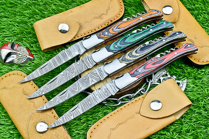 LOT OF 4 PCS! CUSTOM  Handmade Damascus Folding Pocket Knife – 8" – Multicolor Wood Handle | Slip Joint | SN-646