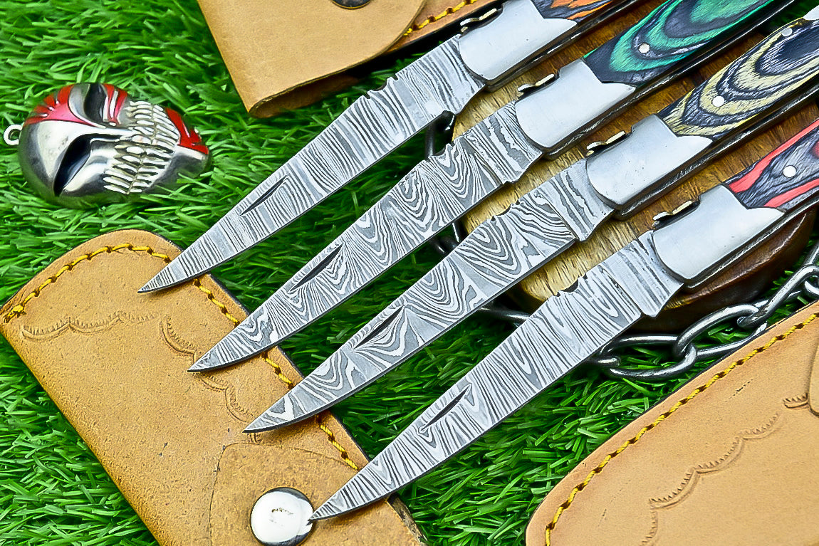 LOT OF 4 PCS! CUSTOM  Handmade Damascus Folding Pocket Knife – 8" – Multicolor Wood Handle | Slip Joint | SN-646