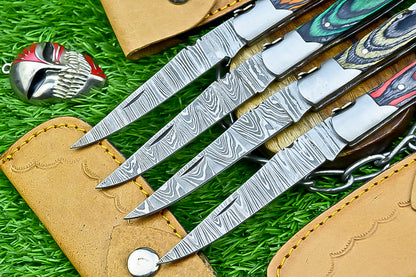 LOT OF 4 PCS! CUSTOM  Handmade Damascus Folding Pocket Knife – 8" – Multicolor Wood Handle | Slip Joint | SN-646