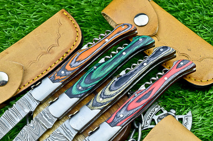 LOT OF 4 PCS! CUSTOM  Handmade Damascus Folding Pocket Knife – 8" – Multicolor Wood Handle | Slip Joint | SN-646