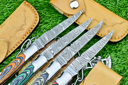LOT OF 4 PCS! CUSTOM  Handmade Damascus Folding Pocket Knife – 8" – Multicolor Wood Handle | Slip Joint | SN-646