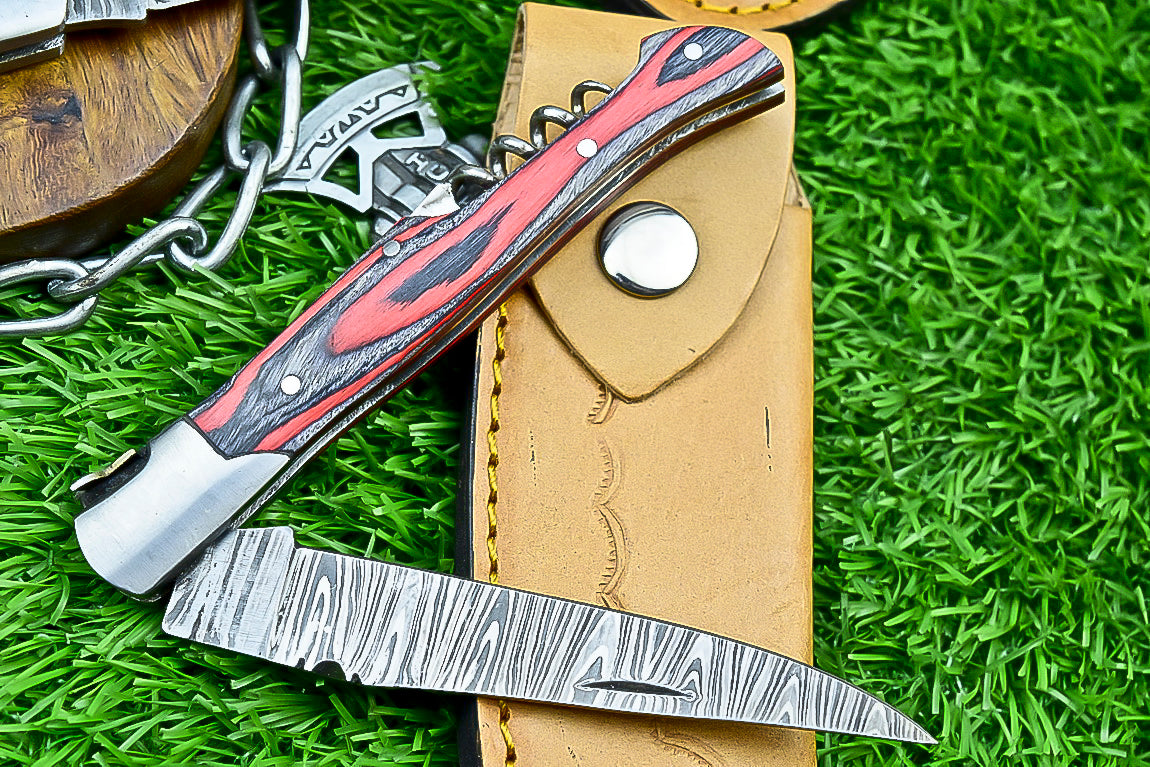 LOT OF 4 PCS! CUSTOM  Handmade Damascus Folding Pocket Knife – 8" – Multicolor Wood Handle | Slip Joint | SN-646