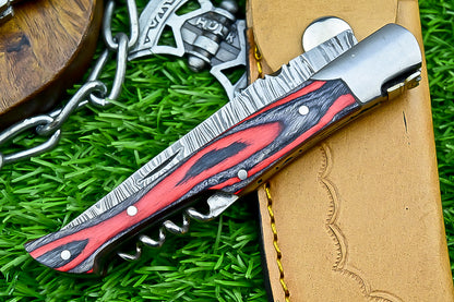 LOT OF 4 PCS! CUSTOM  Handmade Damascus Folding Pocket Knife – 8" – Multicolor Wood Handle | Slip Joint | SN-646