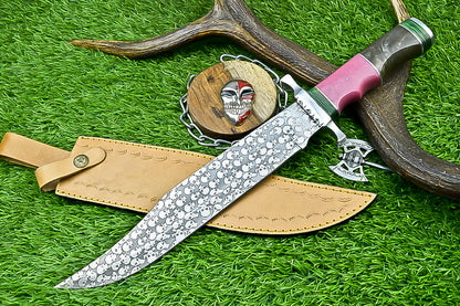 Custom Damascus Steel Bowie Knife with Skull Engraved Blade and Two-Tone Resin Handle | UN-8176