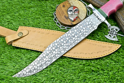 Custom Damascus Steel Bowie Knife with Skull Engraved Blade and Two-Tone Resin Handle | UN-8176