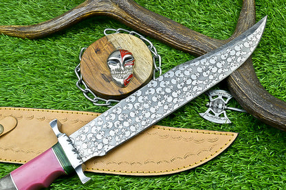 Custom Damascus Steel Bowie Knife with Skull Engraved Blade and Two-Tone Resin Handle | UN-8176