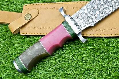 Custom Damascus Steel Bowie Knife with Skull Engraved Blade and Two-Tone Resin Handle | UN-8176