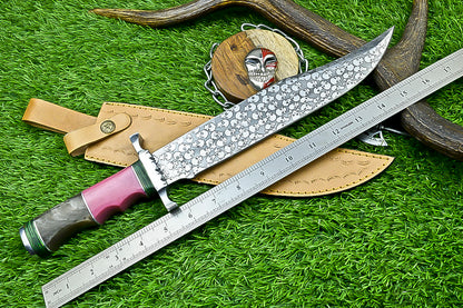 Custom Damascus Steel Bowie Knife with Skull Engraved Blade and Two-Tone Resin Handle | UN-8176
