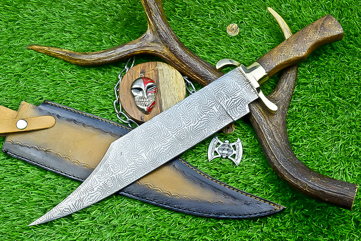 Engraved Bowie Knife – 19" J2 Steel Blade with Natural Wood Handle, Brass Bolsters &amp; Leather Sheath | Hand-Forged Display Knife