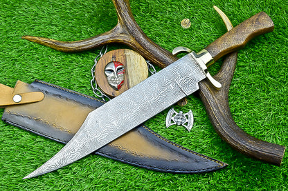 Engraved Bowie Knife – 19" J2 Steel Blade with Natural Wood Handle, Brass Bolsters &amp; Leather Sheath | Hand-Forged Display Knife