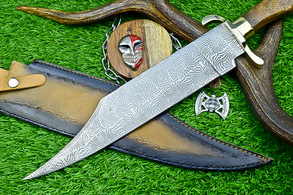 Engraved Bowie Knife – 19" J2 Steel Blade with Natural Wood Handle, Brass Bolsters &amp; Leather Sheath | Hand-Forged Display Knife