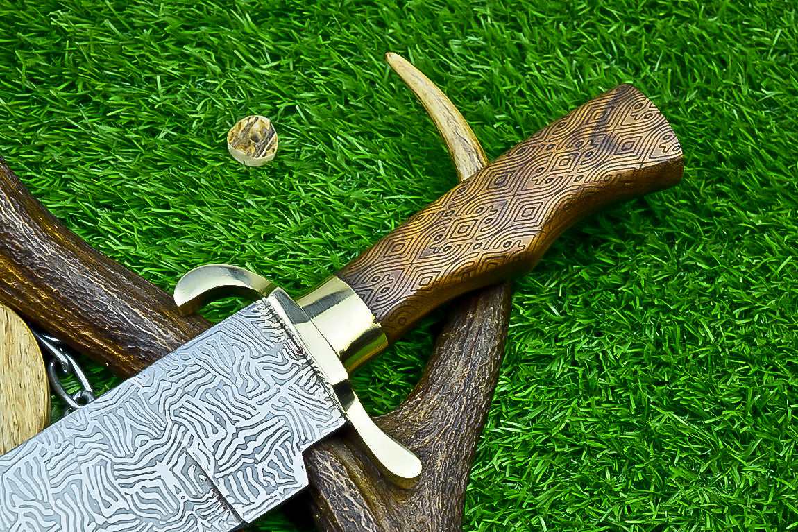 Engraved Bowie Knife – 19" J2 Steel Blade with Natural Wood Handle, Brass Bolsters &amp; Leather Sheath | Hand-Forged Display Knife