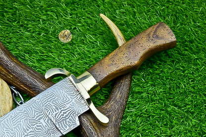 Engraved Bowie Knife – 19" J2 Steel Blade with Natural Wood Handle, Brass Bolsters &amp; Leather Sheath | Hand-Forged Display Knife