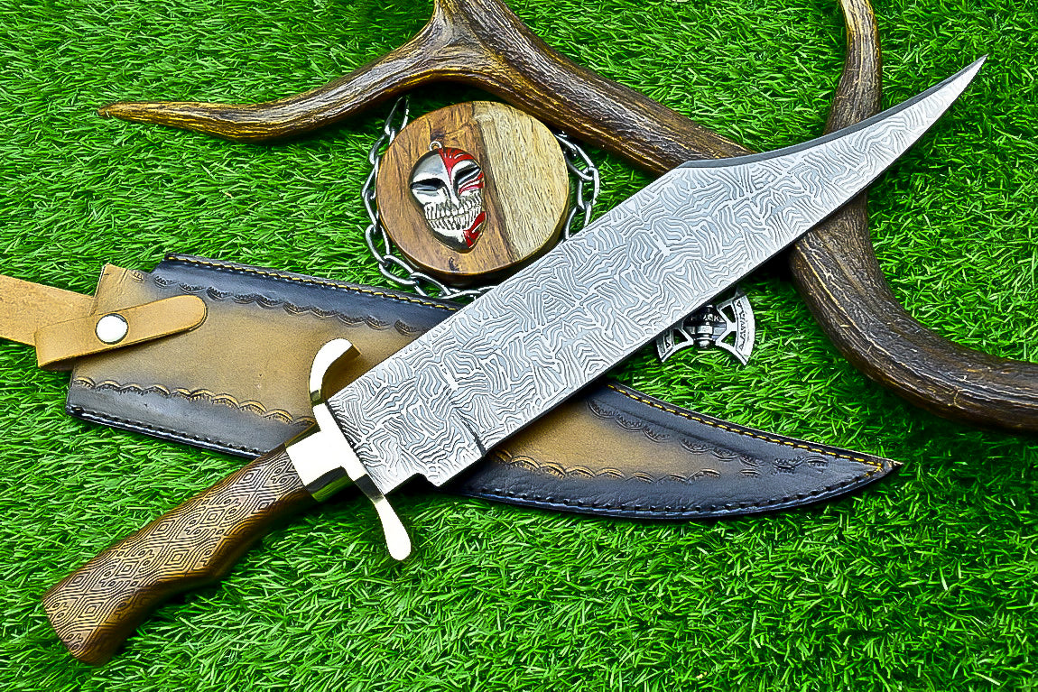 Engraved Bowie Knife – 19" J2 Steel Blade with Natural Wood Handle, Brass Bolsters &amp; Leather Sheath | Hand-Forged Display Knife