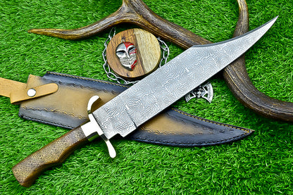 Engraved Bowie Knife – 19" J2 Steel Blade with Natural Wood Handle, Brass Bolsters &amp; Leather Sheath | Hand-Forged Display Knife