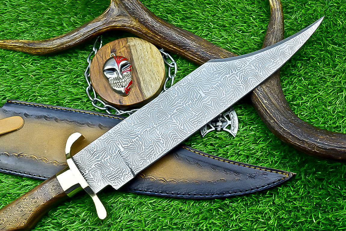 Engraved Bowie Knife – 19" J2 Steel Blade with Natural Wood Handle, Brass Bolsters &amp; Leather Sheath | Hand-Forged Display Knife