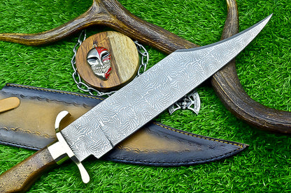 Engraved Bowie Knife – 19" J2 Steel Blade with Natural Wood Handle, Brass Bolsters &amp; Leather Sheath | Hand-Forged Display Knife