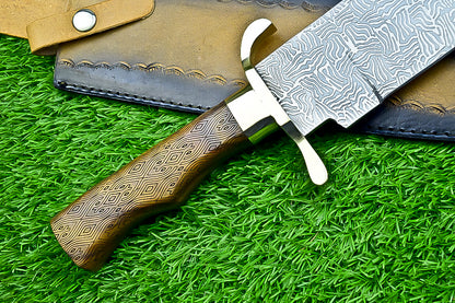 Engraved Bowie Knife – 19" J2 Steel Blade with Natural Wood Handle, Brass Bolsters &amp; Leather Sheath | Hand-Forged Display Knife