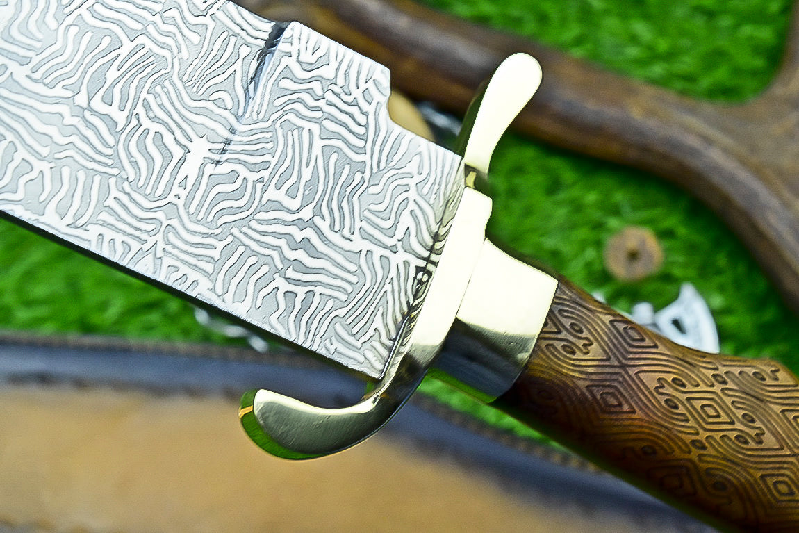 Engraved Bowie Knife – 19" J2 Steel Blade with Natural Wood Handle, Brass Bolsters &amp; Leather Sheath | Hand-Forged Display Knife