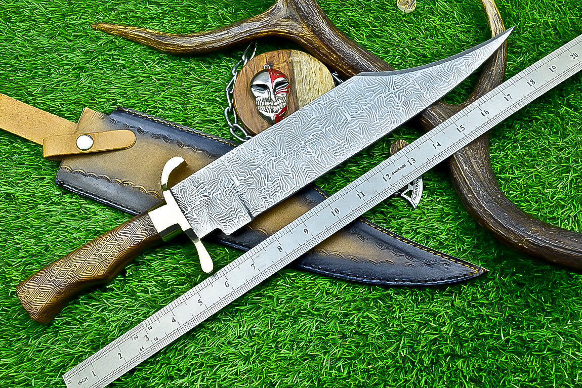 Engraved Bowie Knife – 19" J2 Steel Blade with Natural Wood Handle, Brass Bolsters &amp; Leather Sheath | Hand-Forged Display Knife