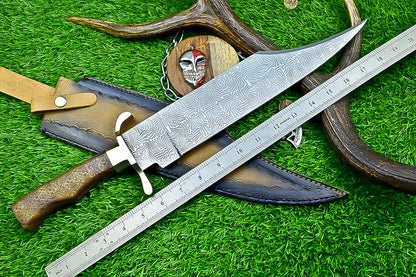 Engraved Bowie Knife – 19" J2 Steel Blade with Natural Wood Handle, Brass Bolsters &amp; Leather Sheath | Hand-Forged Display Knife