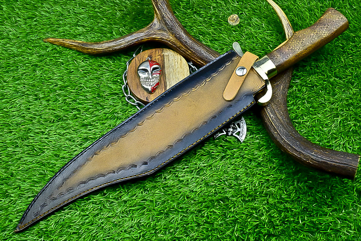 Engraved Bowie Knife – 19" J2 Steel Blade with Natural Wood Handle, Brass Bolsters &amp; Leather Sheath | Hand-Forged Display Knife