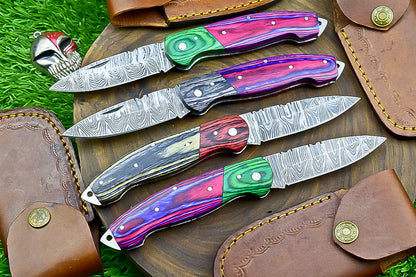 4 PCS Handmade Damascus Folding Knife Set – 7"Multicolor Wood Handle With Leather Sheath | SN-732