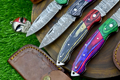 4 PCS Handmade Damascus Folding Knife Set – 7"Multicolor Wood Handle With Leather Sheath | SN-732