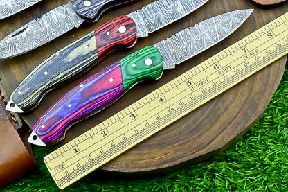 4 PCS Handmade Damascus Folding Knife Set – 7"Multicolor Wood Handle With Leather Sheath | SN-732