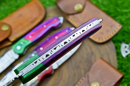 4 PCS Handmade Damascus Folding Knife Set – 7"Multicolor Wood Handle With Leather Sheath | SN-732