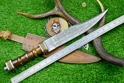 18.5" Custom Hand forged J2 Steel Blade , Engraved Bowie Knife – Natural Wood Handle | Hand-Forged Collectible Knife | UN-9500