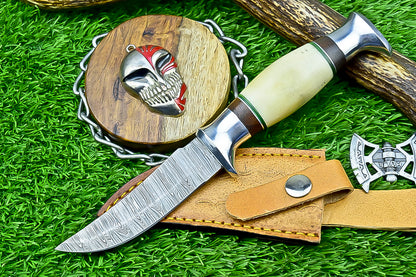 Handmade Damascus Hunting Knife with Sheath – 9" Camel Bone &amp; Rosewood Handle | Gift for Him
