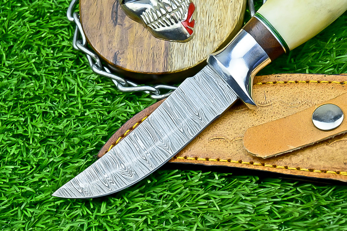 Handmade Damascus Hunting Knife with Sheath – 9" Camel Bone &amp; Rosewood Handle | Gift for Him