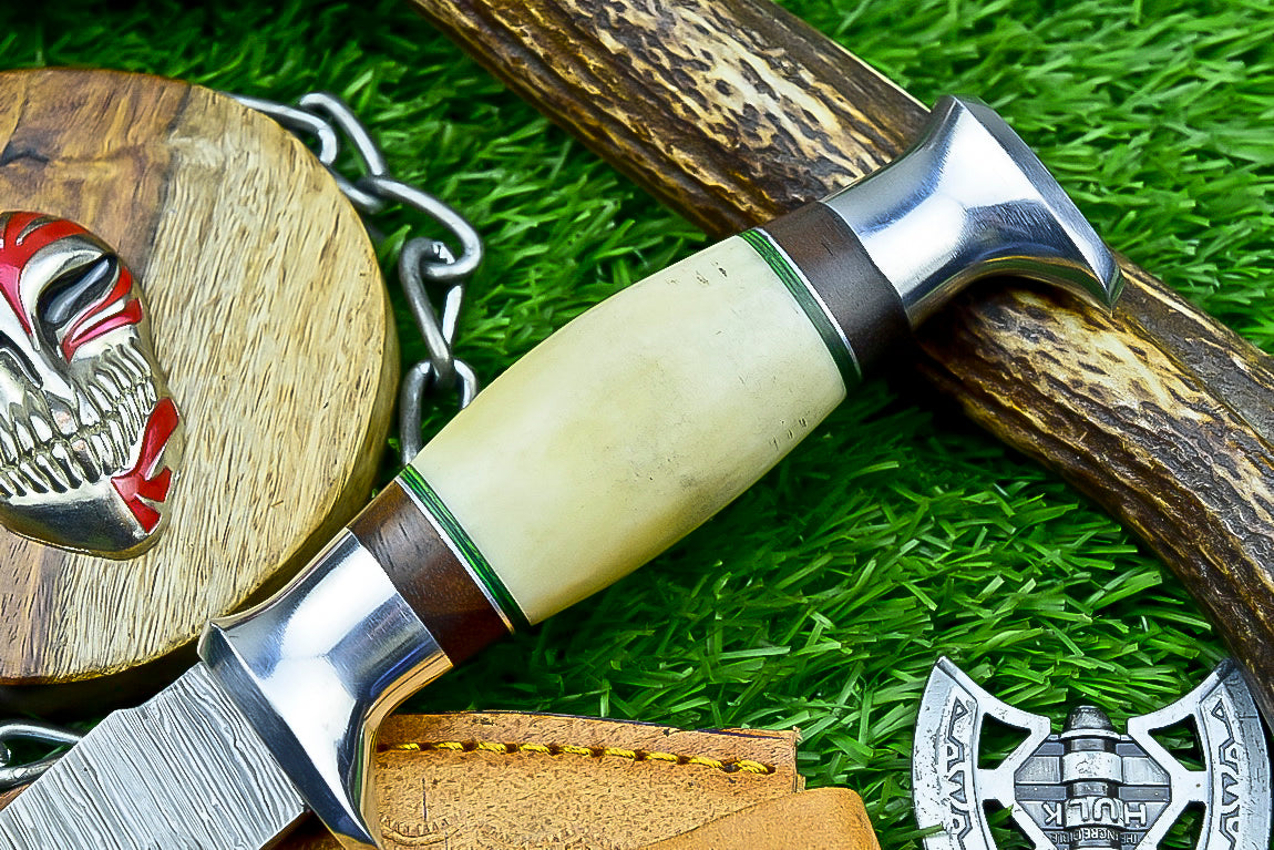 Handmade Damascus Hunting Knife with Sheath – 9" Camel Bone &amp; Rosewood Handle | Gift for Him