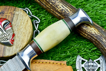 Handmade Damascus Hunting Knife with Sheath – 9" Camel Bone &amp; Rosewood Handle | Gift for Him
