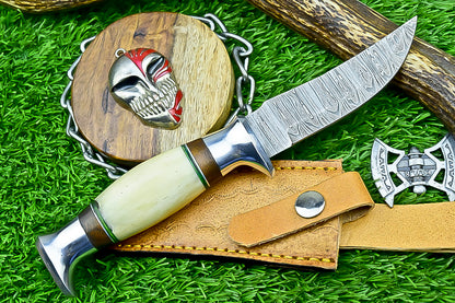 Handmade Damascus Hunting Knife with Sheath – 9" Camel Bone &amp; Rosewood Handle | Gift for Him