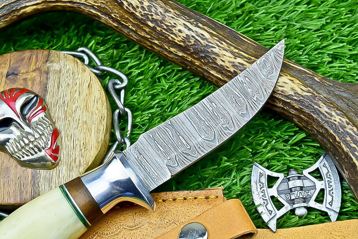 Handmade Damascus Hunting Knife with Sheath – 9" Camel Bone &amp; Rosewood Handle | Gift for Him