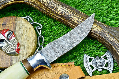 Handmade Damascus Hunting Knife with Sheath – 9" Camel Bone &amp; Rosewood Handle | Gift for Him