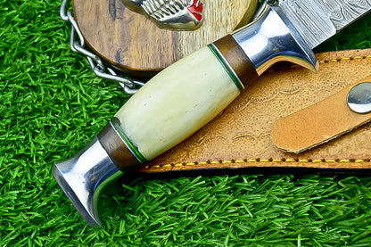 Handmade Damascus Hunting Knife with Sheath – 9" Camel Bone &amp; Rosewood Handle | Gift for Him