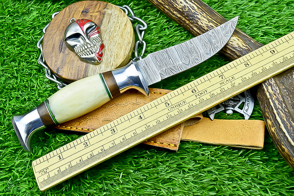Handmade Damascus Hunting Knife with Sheath – 9" Camel Bone &amp; Rosewood Handle | Gift for Him