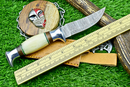 Handmade Damascus Hunting Knife with Sheath – 9" Camel Bone &amp; Rosewood Handle | Gift for Him