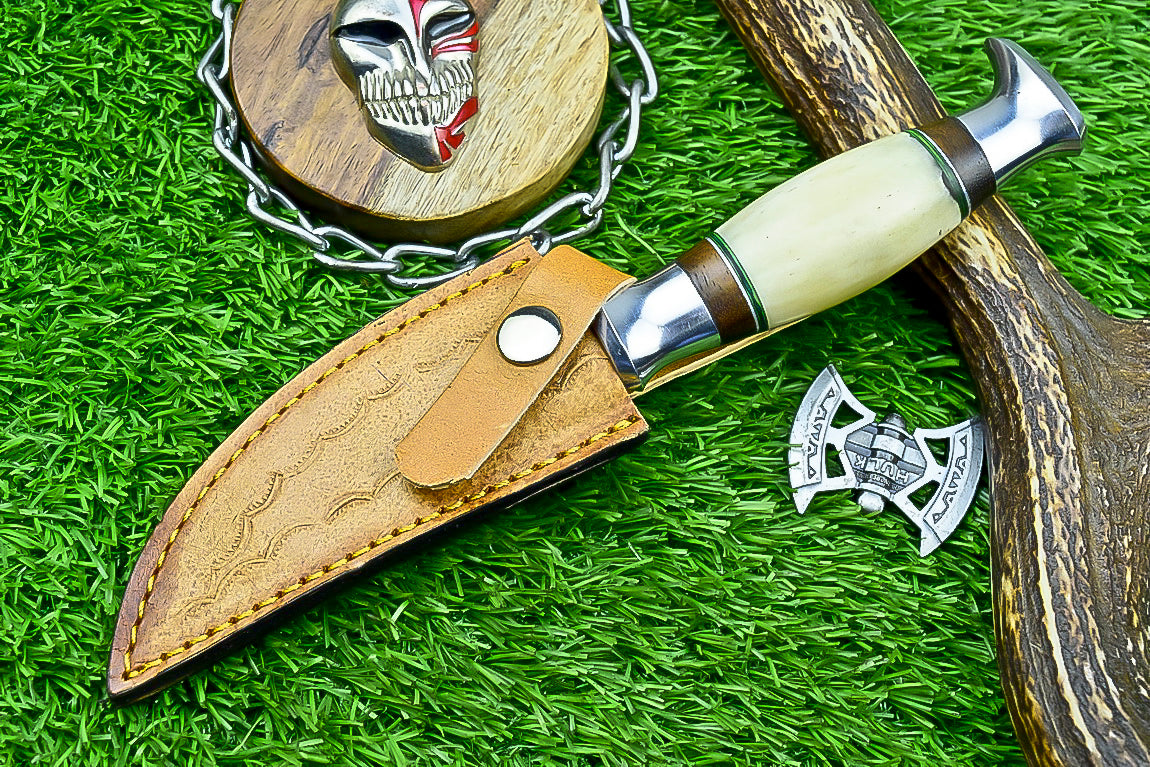 Handmade Damascus Hunting Knife with Sheath – 9" Camel Bone &amp; Rosewood Handle | Gift for Him