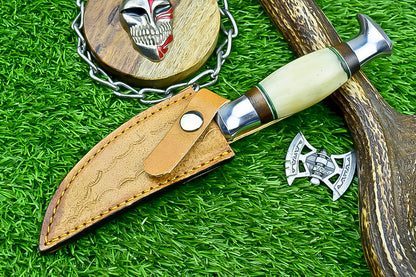 Handmade Damascus Hunting Knife with Sheath – 9" Camel Bone &amp; Rosewood Handle | Gift for Him