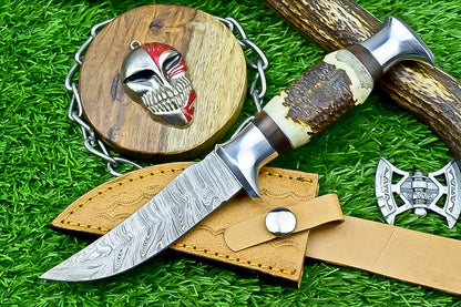Handmade Damascus Hunting Knife with Sheath – 9" Stag Horn Handle | Gift for Him  SN-1194