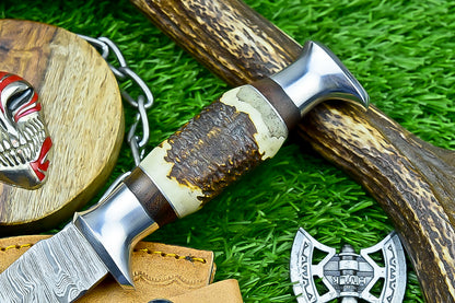 Handmade Damascus Hunting Knife with Sheath – 9" Stag Horn Handle | Gift for Him  SN-1194