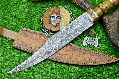 18.5" Custom Hand forged J2 Steel Blade , Engraved Bowie Knife – Natural Wood Handle | Hand-Forged Collectible Knife