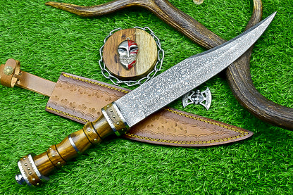 18.5" Custom Hand forged J2 Steel Blade , Engraved Bowie Knife – Natural Wood Handle | Hand-Forged Collectible Knife