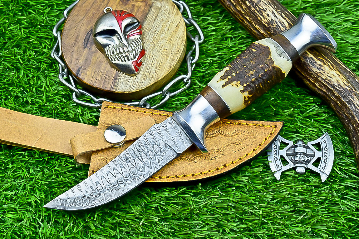 Handmade Damascus Hunting Knife with Sheath – 9" Stag Horn Handle | Gift for Him | SN-1225